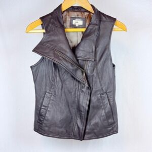 June Womens Brown Leather Boho Moto Vest Asymmetrical Zip Biker Edgy Luxury S